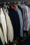 A QUANTITY OF GENTLEMENS CLOTHING IN SEVEN BOXES AND LOOSE, including jackets, shirts, suits,