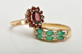 TWO 9CT GOLD GEM SET RINGS, an oval cut garnet set into a cluster with eleven circular cut