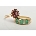 TWO 9CT GOLD GEM SET RINGS, an oval cut garnet set into a cluster with eleven circular cut