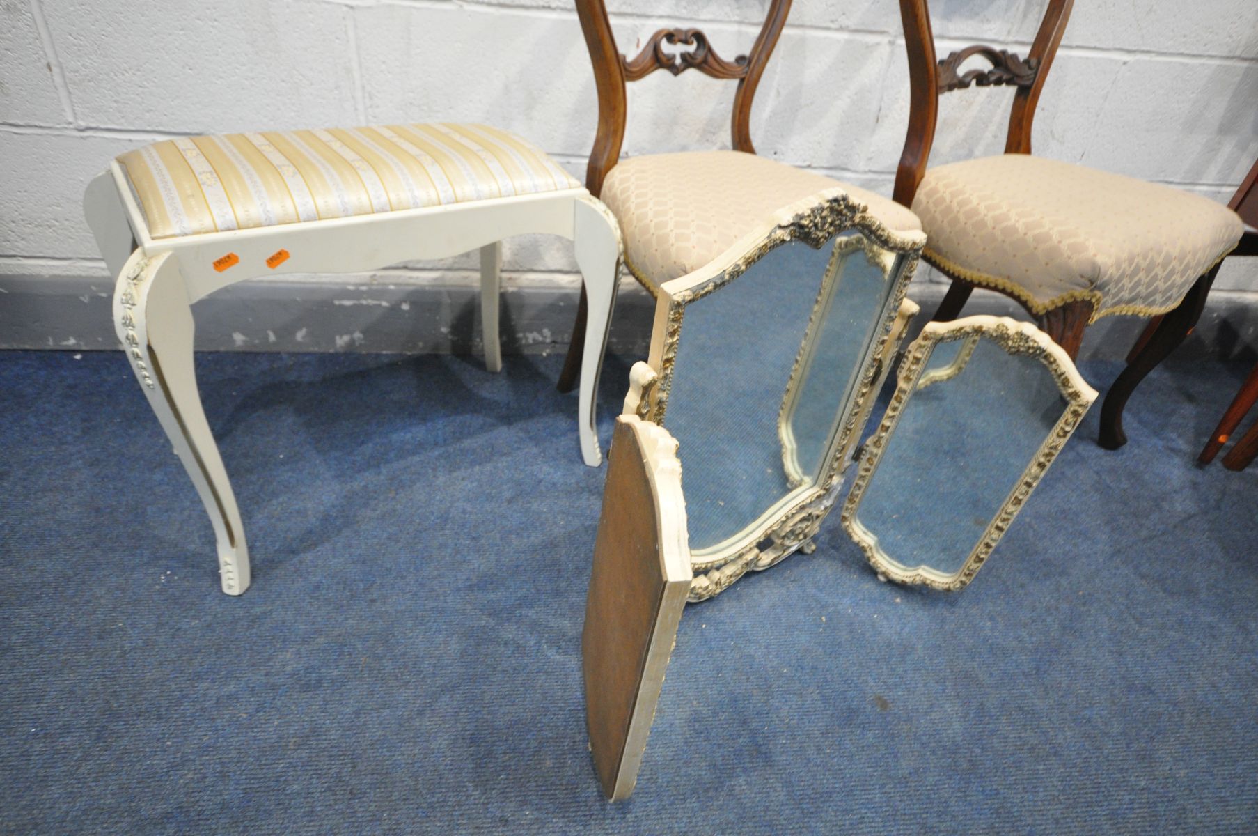 TWO VICTORIAN WALNUT DINING CHAIRS, with a single foliate bar back, a French white dressing stool, - Image 3 of 4