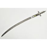 A TALWAR STYLE curved blade sword, blade length approximately 75 cm, ornate white metal grip and