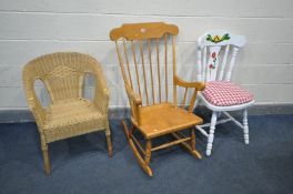 AN BEECH FRMAED SPINDLE BACK ROCKING CHAIR (rickety armrests) a wicker bedroom chair and a painted