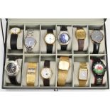 A WATCH DISPLAY CASE WITH WRISTWATCHES, black case with a Perspex lid, twelve storage cushions
