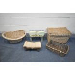 THREE VARIOUS WICKER BASKETS, and painted stool and an arched stool (5)