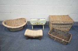 THREE VARIOUS WICKER BASKETS, and painted stool and an arched stool (5)
