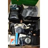 A BOX OF PHOTOGRAPHIC EQUIPMENT AND BINOCULARS, ETC, including a Canon ML film camera, a Canon