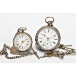 TWO OPEN FACE POCKET WATCHES, the first with a round white dial, Roman numerals, seconds