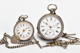 TWO OPEN FACE POCKET WATCHES, the first with a round white dial, Roman numerals, seconds