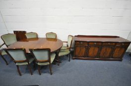 A LATE 20TH CENTURY MAHOGANY TWIN PEDASTAL DINING TABLE, one additional leaf, width 152cm x depth