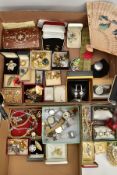 A BOX OF ASSORTED ITEMS, to include various pieces of costume jewellery such as beaded necklaces,