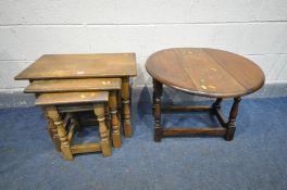 AN OAK NEST OF THREE TABLES (worn finish) along with an oak drop leaf occasional table (2)