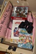 A BOX CONTAINING VINTAGE MAGAZINES AND NEWSPAPERS, COINS AND BINOCULARS, the magazine and newspapers