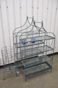 TWO METAL FRAMED GARDEN SHELVING UNITS the tallest being 174cm high, a circular metal stand and