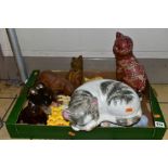 A BOX AND LOOSE OF CAT ORNAMENTS, including Beswick and Royal Doulton seal point cats, model numbers
