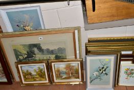 A QUANTITY OF PAINTINGS AND PRINTS ETC, to include two watercolour landscapes circa 1930's/1940's,