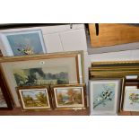 A QUANTITY OF PAINTINGS AND PRINTS ETC, to include two watercolour landscapes circa 1930's/1940's,