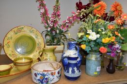 A GROUP OF VASES, ARTIFICIAL FLOWERS, PLANTERS, JUGS, BOWLS AND OTHER LARGE CERAMIC WARES, to