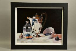 WILL KEMP (BRITISH 1977) 'PURE FORM VI', a still life study of a silver water jug, glass bottle