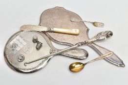 TWO SILVER VANITY MIRRORS, BUTTON HOOK, CUTLERY AND THIMBLES, the first mirror of a circular form,