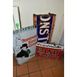 THREE ENAMEL ADVERTISING SIGNS, to include Celebrated Rand Paints 28 x 41cm, a Rowntree's Elect