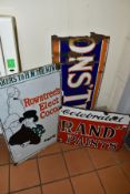 THREE ENAMEL ADVERTISING SIGNS, to include Celebrated Rand Paints 28 x 41cm, a Rowntree's Elect