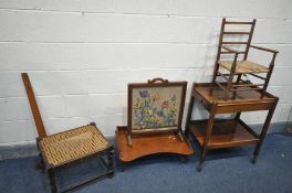 A SELECTION OF OCCASIONAL FURNITUE, to include an oak tea trolley, 19th century mahogany bed tray,