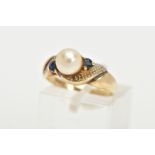 A 9CT GOLD CULTURED PEARL, SAPPHIRE AND DIAMOND RING, centring on a single cultured cream pearl with