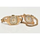 A LADIES 9CT GOLD WRISTWATCH AND WATCH HEAD, the first with a square silver dial faintly signed '