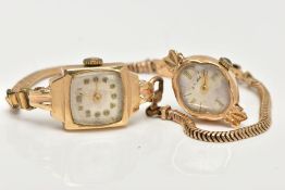 A LADIES 9CT GOLD WRISTWATCH AND WATCH HEAD, the first with a square silver dial faintly signed '