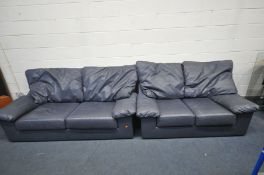 A BLUE LEATHER LOUNGE SUITE, comprising a three seater settee and a two seater settee