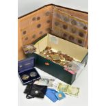 A COIN ALBUM AND SHOEBOX OF COINS AND COMMEMORATIVES, to include amounts of .500 silver mainly UK