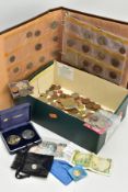 A COIN ALBUM AND SHOEBOX OF COINS AND COMMEMORATIVES, to include amounts of .500 silver mainly UK