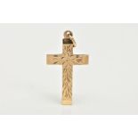 A 9CT GOLD CROSS PENDANT, floral detailing to the front with a plain polished reverse, hallmarked