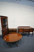 A SELECTION OF LATE 20TH CENTURY MAHOGANY FURNITURE, to include a serpentine sideboard with three