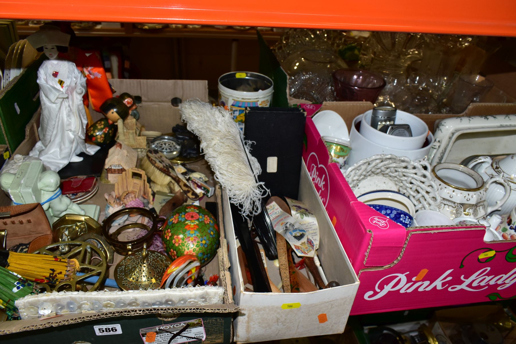 FOUR BOXES AND LOOSE CERAMICS, GLASS, METALWARES, ORIENTAL AND SUNDRY ITEMS, to include a Spode Blue