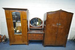 AN EDWARDIAN MAHOGNAY AND STRUNG SINGLE MIRROR DOOR WARDROBE, width 1110cm x depth 46cm x height