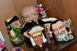 FIVE ROYAL DOULTON CHARACTER JUGS AND A TONY WOOD TOBY TEA POT, the character jugs comprise a