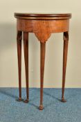 A GEORGE III MAHOGANY DEMI LUNE TEA TABLE, of small proportions, with a double fold over top, one