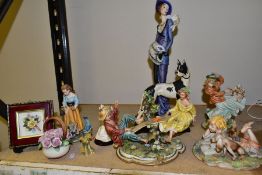 A GROUP OF CAPODIMONTE FIGURINES AND ORNAMENTS, nine pieces to include six figurines and figure