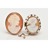 TWO 9CT GOLD CAMEO BROOCHES, the first of an oval form depicting a lady in profile, collet and