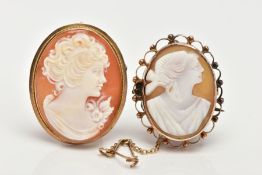 TWO 9CT GOLD CAMEO BROOCHES, the first of an oval form depicting a lady in profile, collet and