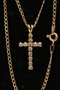 A DIAMOND CROSS PENDANT AND CHAIN, the cross pendant designed with claw set round brilliant cut