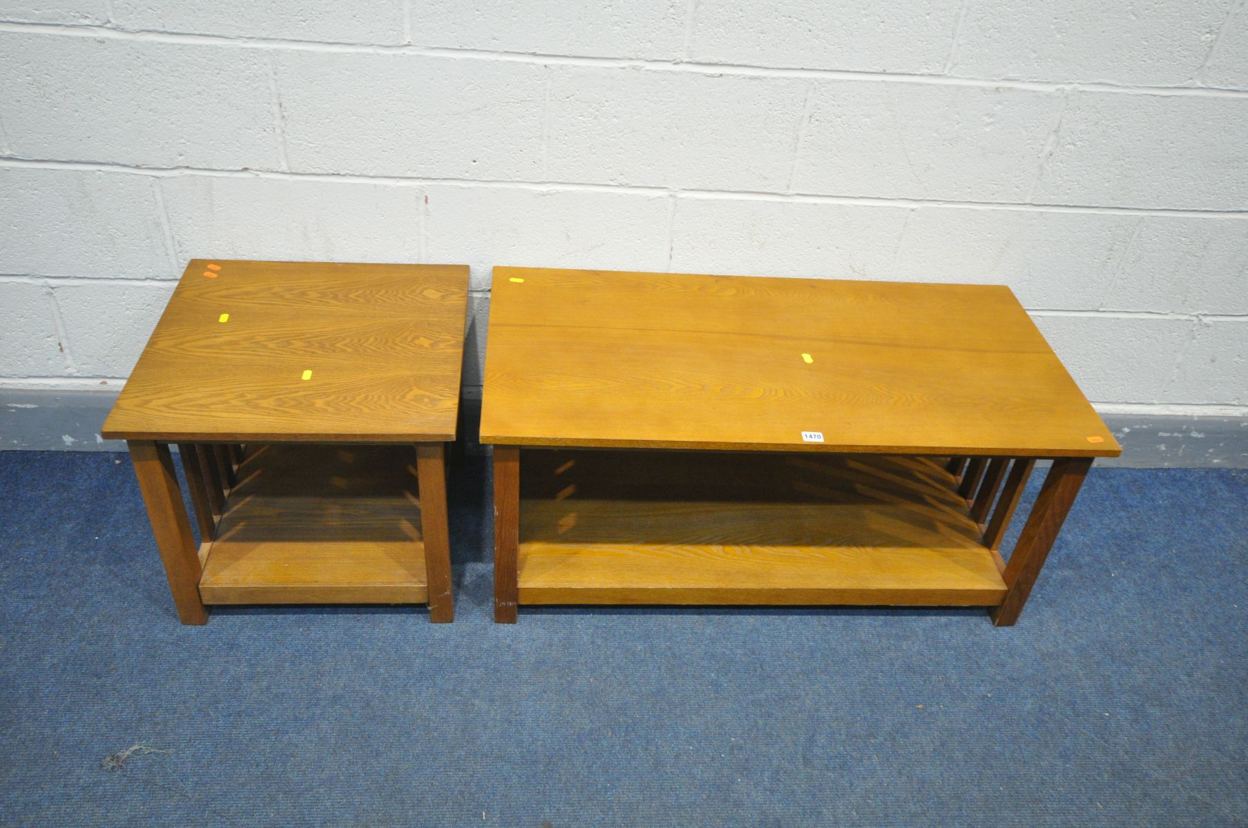 AN OAK EFFECT COFFEE TABLE, 100cm x depth 50cm x height 45cm, and a matching occasional table (2)