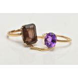 THREE 9CT GOLD DRESS RINGS, the first designed with a rectangular cut smoky quartz, approximate