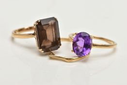 THREE 9CT GOLD DRESS RINGS, the first designed with a rectangular cut smoky quartz, approximate