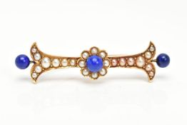 A VICTORIAN GOLD, LAPIS LAZULI AND SEED PEARL BROOCH, yellow gold brooch designed with a central