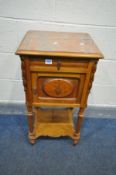 A FRENCH WALNUT MARBLE TOP POT CUPBOARD, with a single drawer over a single door with marquetry