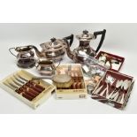 A BOX OF ASSORTED STAINLESS STEEL AND PLATED TABLEWARE, to include six signed 'Robert Welch'