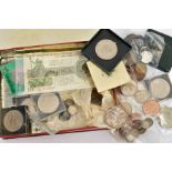 A CADBURY'S COCOLATE BISCUIT TIN OF MIXED COINS, to include a 1887 holed Victoria crown coin, a