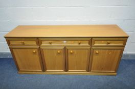 A SUTCLIFFE TEAK SIDEBOARD, with three drawers, width 173cm x depth 46cm x height 77cm